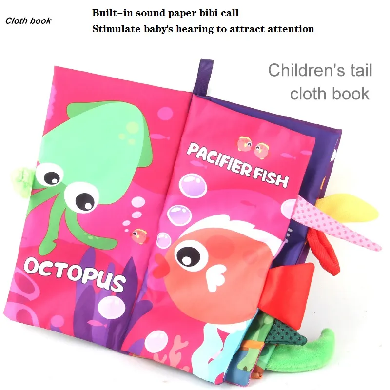 Animal Tails Cloth Book Washable Baby Soft Cloth Book Toys Built-in Sound Paper Activity Early Education Toy (Flying Animals / Ocean World / Animal Travel)  4pages Color-A image 4