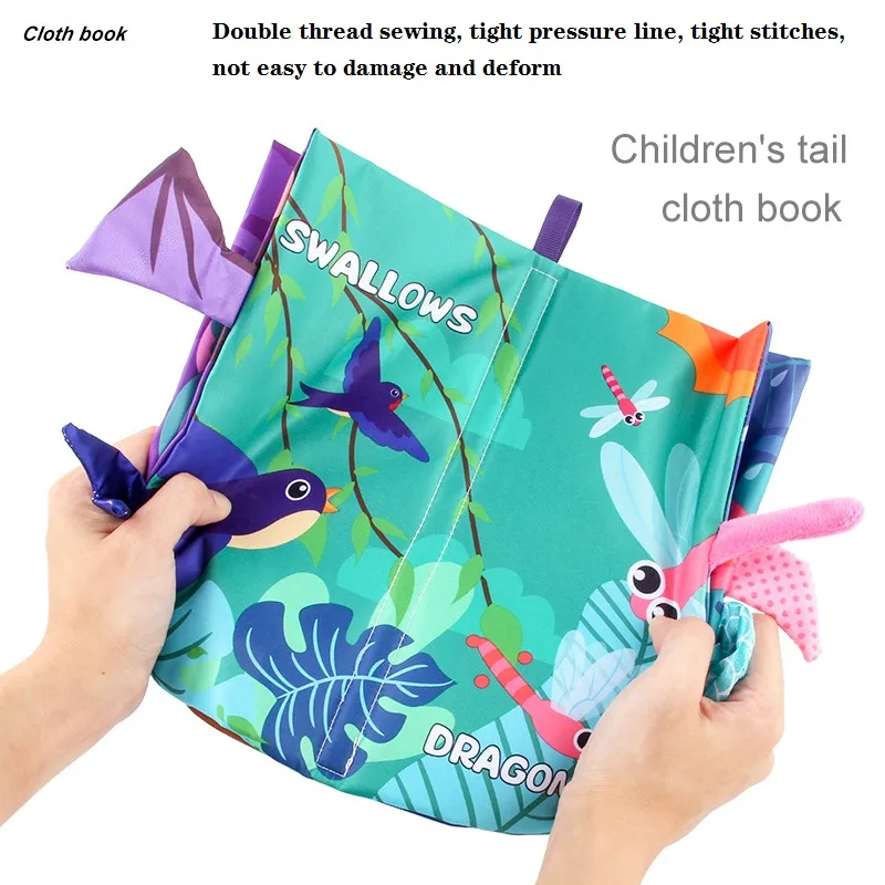 Animal Tails Cloth Book Washable Baby Soft Cloth Book Toys Built-in Sound Paper Activity Early Education Toy (Flying Animals / Ocean World / Animal Travel)  4pages Color-A image 5