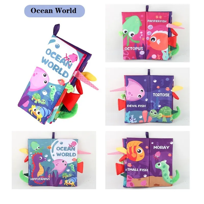Animal Tails Cloth Book Washable Baby Soft Cloth Book Toys Built-in Sound Paper Activity Early Education Toy (Flying Animals / Ocean World / Animal Travel)  4pages Color-B
