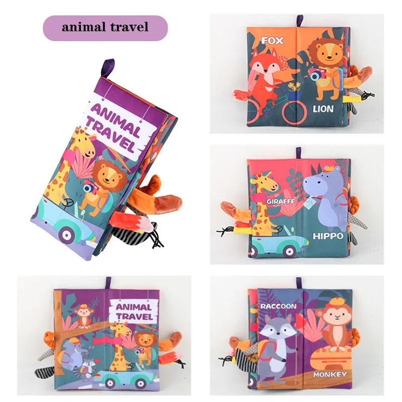 Animal Tails Cloth Book Washable Baby Soft Cloth Book Toys Built-in Sound Paper Activity Early Education Toy (Flying Animals / Ocean World / Animal Travel)  4pages Color-C