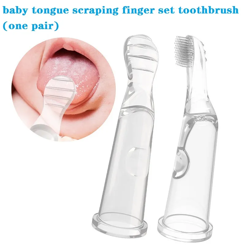 2-pack Food Grade Liquid Silicone Baby Tongue Scraper Brush & Finger Toothbrush Set for Tongue Coating and Teeth Gum Cleaning