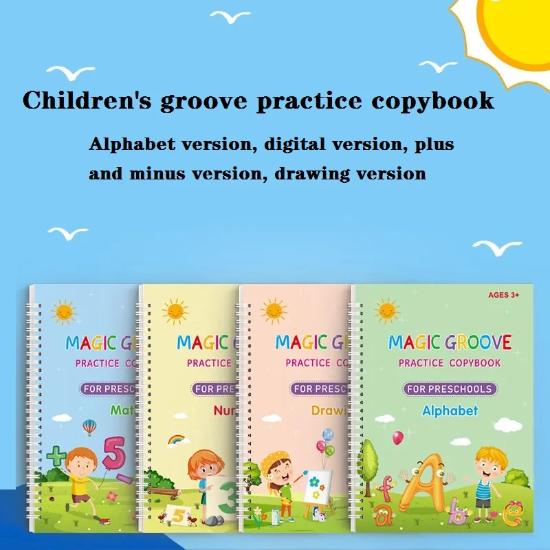4-pack Kids Magic Reusable Practice Copybooks Grooves Template Design and Handwriting Aid (Drawing Alphabet Number Math) Multi-color image 2