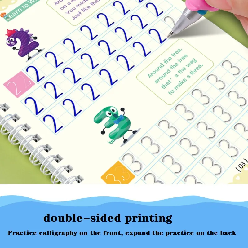 4-pack Kids Magic Reusable Practice Copybooks Grooves Template Design and Handwriting Aid (Drawing Alphabet Number Math) Multi-color image 6