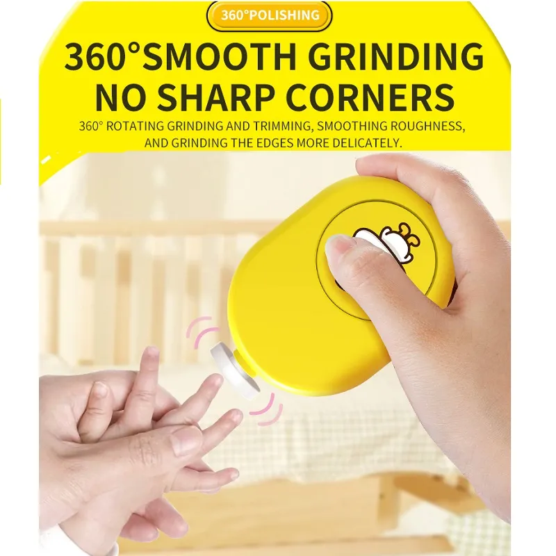 Baby Nail File Clipper Trimmer Electric Nail Polisher 360° Round Polish with 4 Grinding Heads Yellow image 5