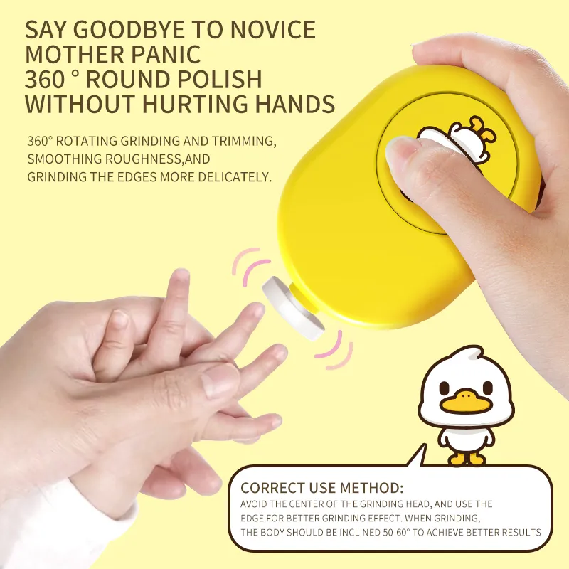 Baby Nail File Clipper Trimmer Electric Nail Polisher 360° Round Polish with 4 Grinding Heads Yellow image 6