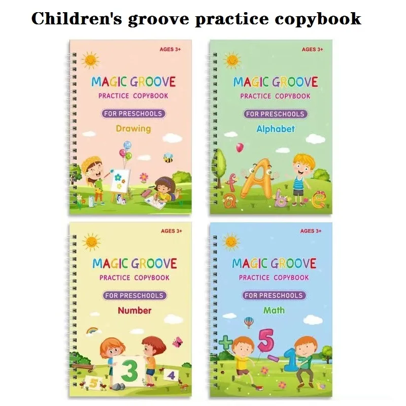 4-pack Kids Magic Reusable Practice Copybooks Grooves Template Design and Handwriting Aid (Drawing Alphabet Number Math) Multi-color big image 1