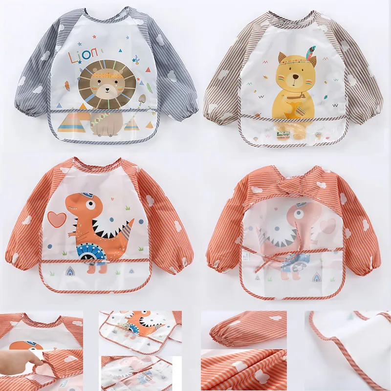 Baby Cartoon Animal Long Sleeve Bibs Waterproof Reversible Bandana Bibs Children Eating Drawing Apron Toddler Feeding Burp Cloth Orange big image 1