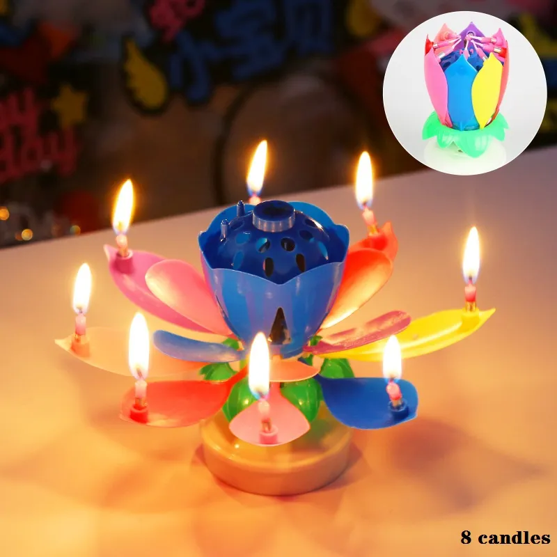 Rotating Musical Lotus Candle - Double Layer Electronic Lotus Light for Birthday Parties and Events Multi-color big image 1