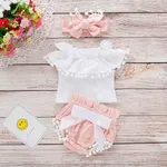 3pcs Baby Girl 95% Cotton Crepe Pompon Decor Flounced Collar Flutter-sleeve Set Light Pink