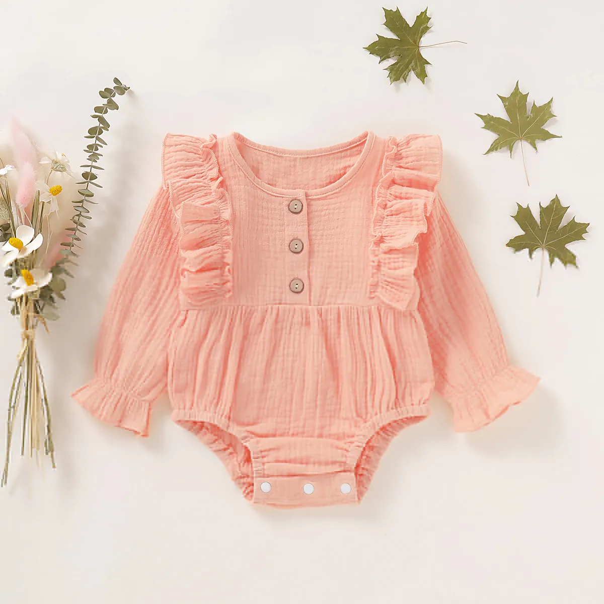 

Crepe Solid Ruffle Decor Long-sleeve Baby Romper