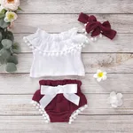 3pcs Baby Girl 95% Cotton Crepe Pompon Decor Flounced Collar Flutter-sleeve Set Burgundy