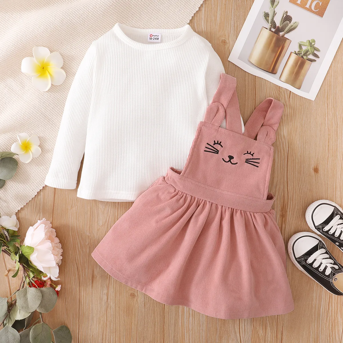 2-piece Toddler Girl Waffle White Top and Cat Embroidered Pink Overall Dress Set Pink big image 1