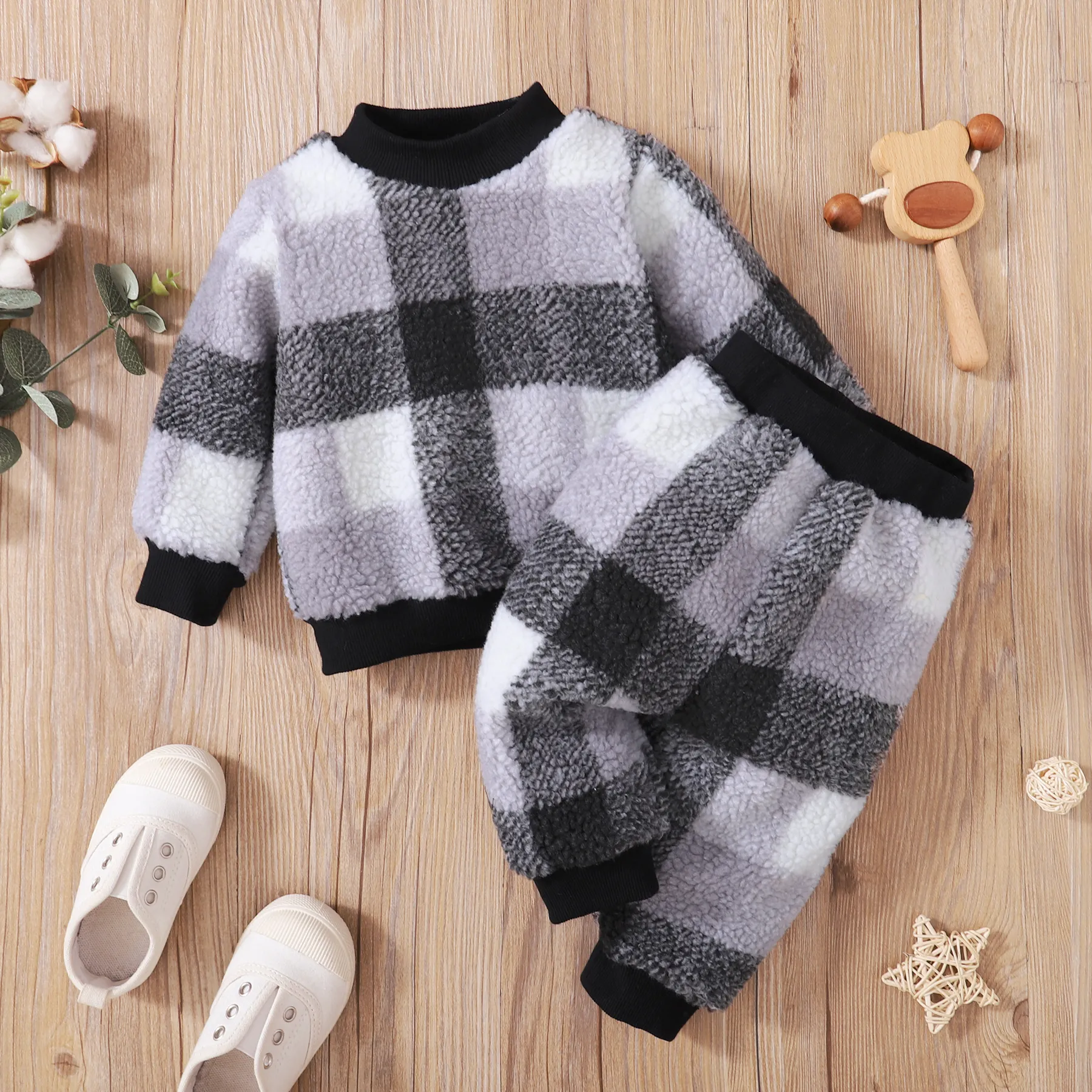2-piece Toddler Boy Plaid Fuzzy Pullover Sweatshirt and Pants Set Dark Grey