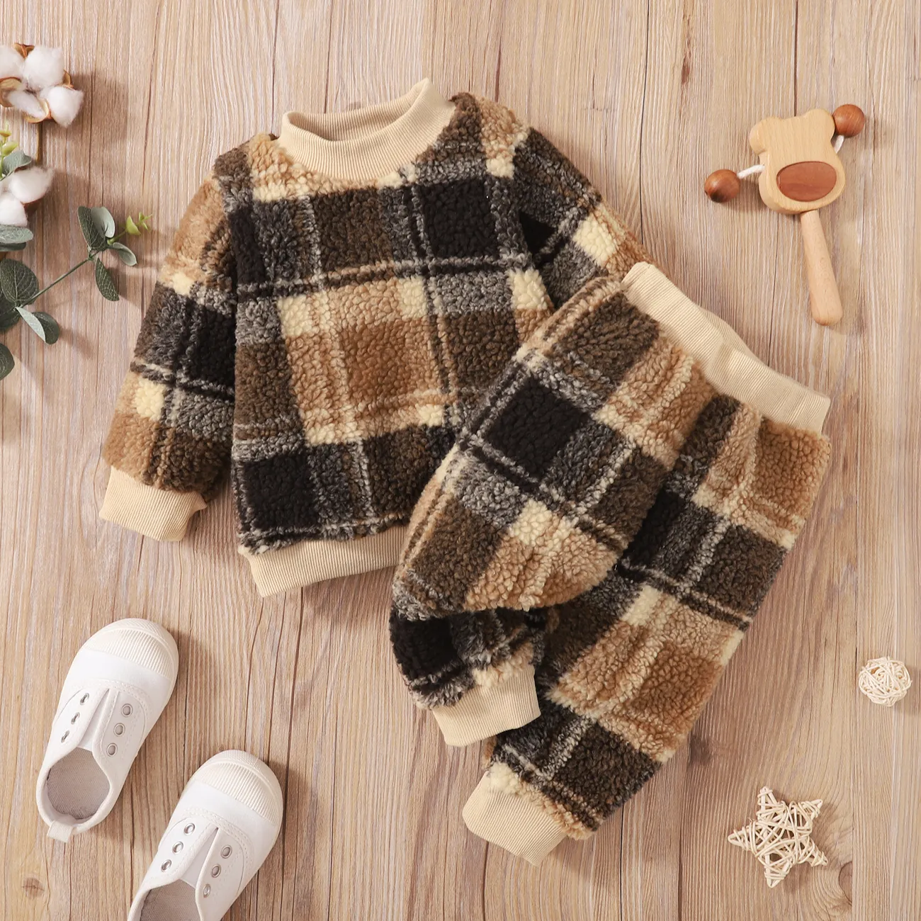 2-piece Toddler Boy Plaid Fuzzy Pullover Sweatshirt and Pants Set Coffee big image 1