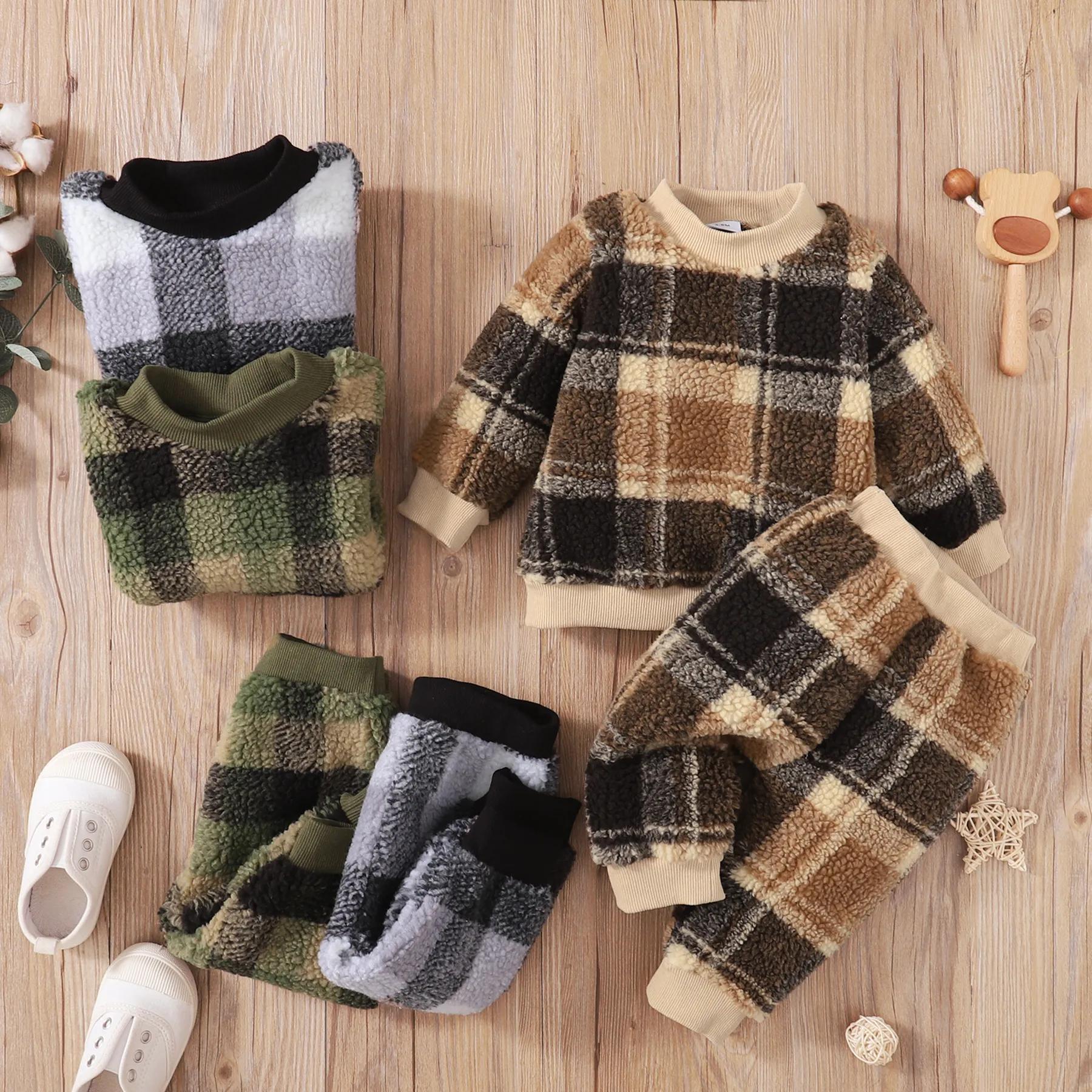 2-piece Toddler Boy Plaid Fuzzy Pullover Sweatshirt and Pants Set Army green image 6