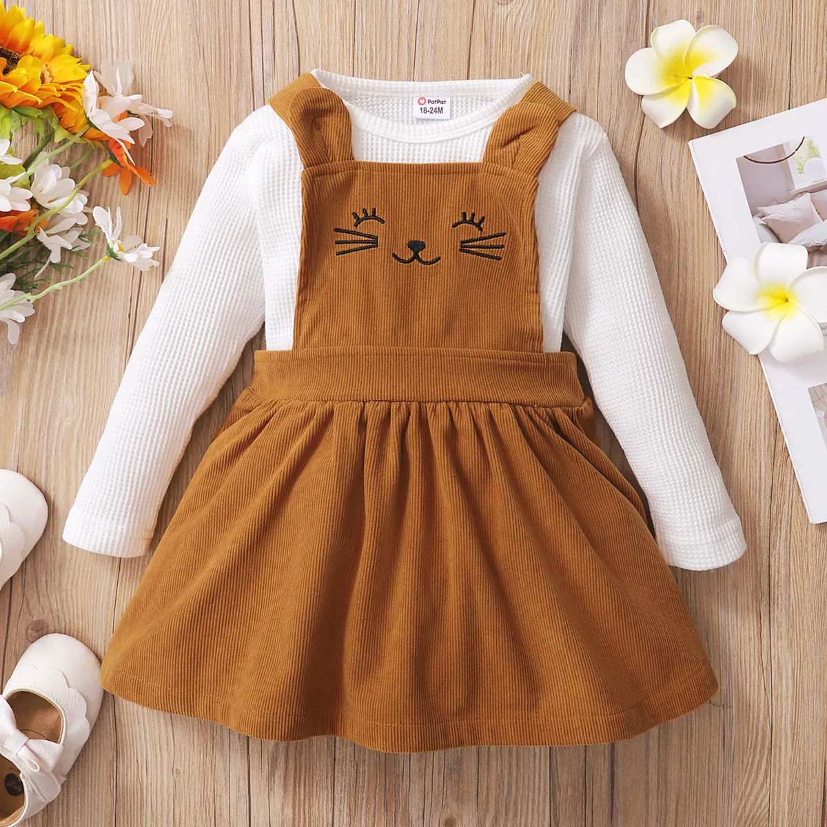 2-piece Toddler Girl Waffle White Top and Cat Embroidered Pink Overall Dress Set Brown big image 1