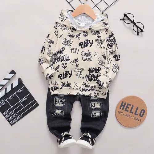 Conjunto de moletom com capuz de manga comprida com estampa de letra grafite 2 peças para bebê menino 95% algodão jeans rasgado