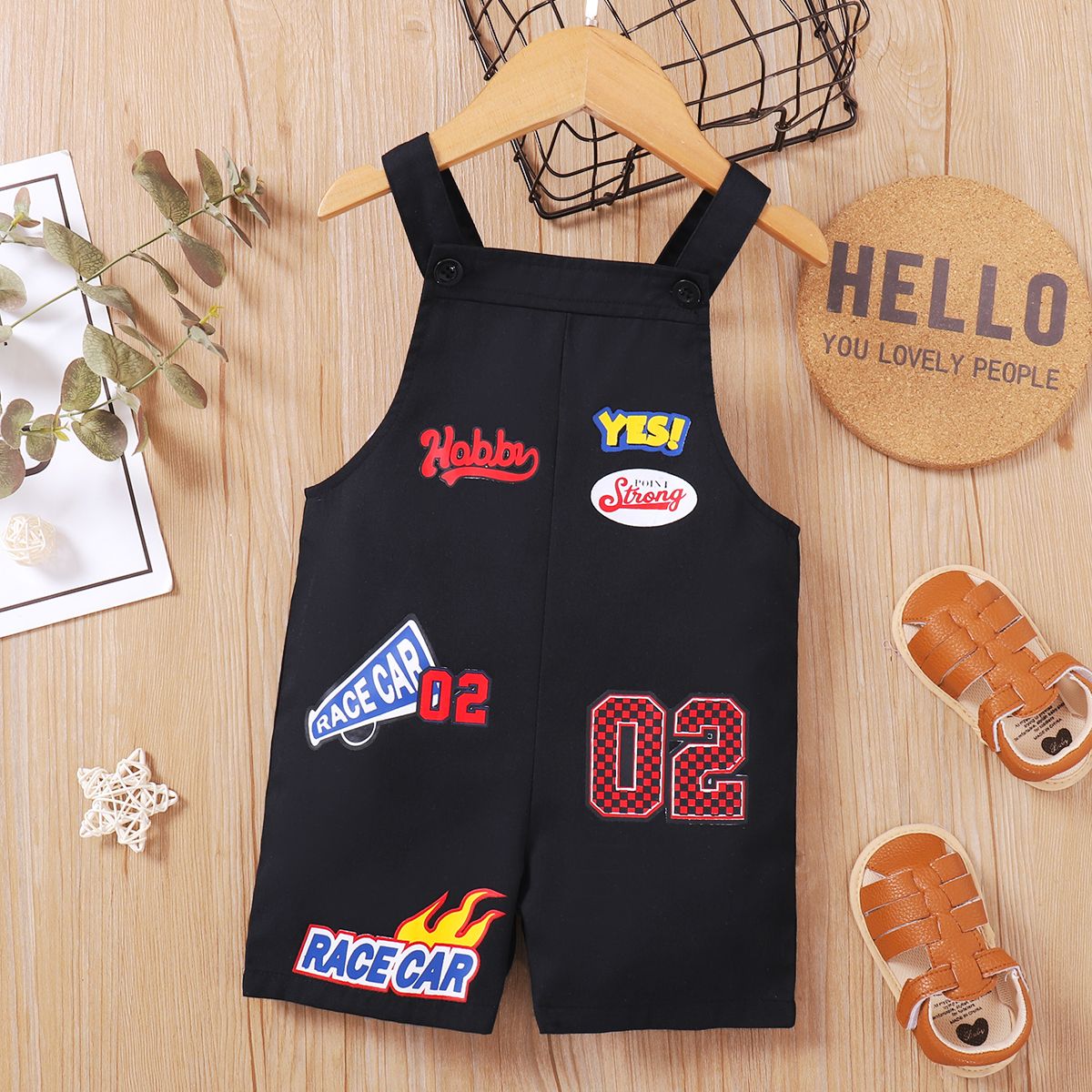 

Baby Boy/Girl All Over Number and Letter Print Black Overalls Shorts