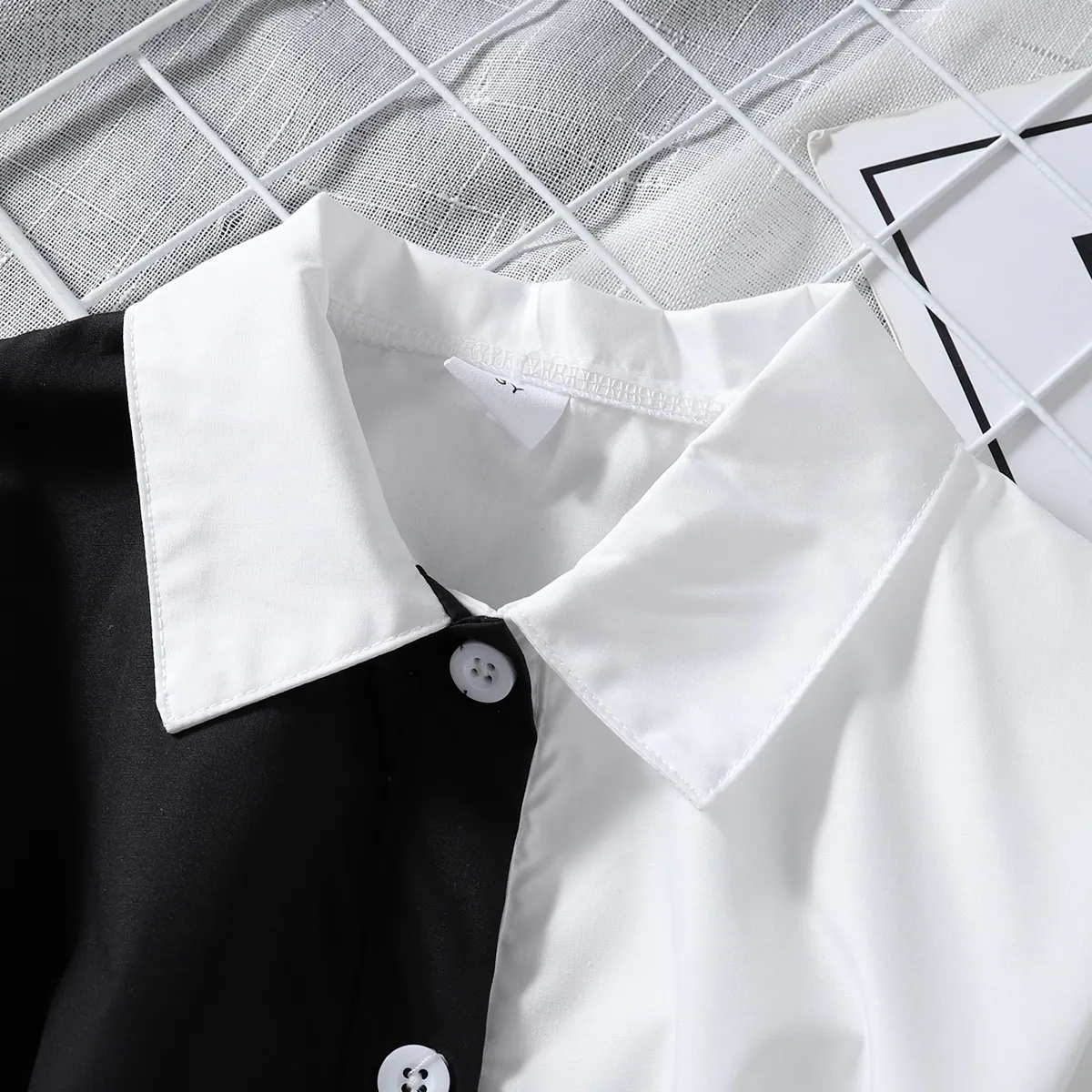 Toddler Girl Lapel Collar Button Design Irregular Hem Black & White Splice Short-sleeve Dress Black/White big image 1