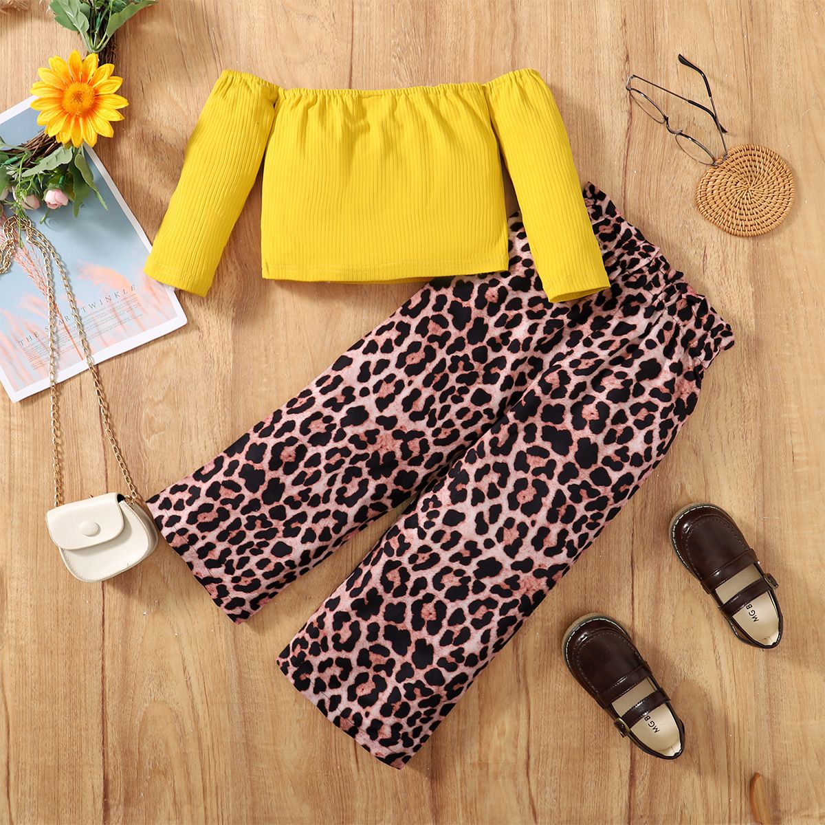 

2pcs Toddler Girl Off Shoulder Long-sleeve Yellow Tee and Leopard Print Pants Set