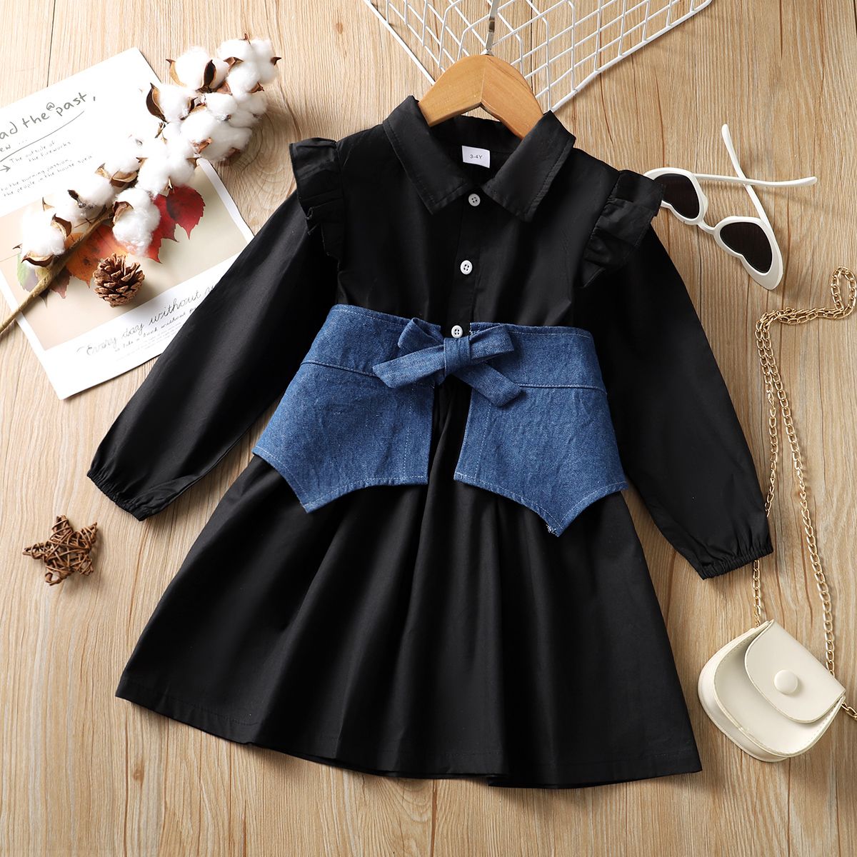 

2pcs Toddler Girl 100% Cotton Lapel Collar Button Design Black Dress and Denim Waist Corset Set