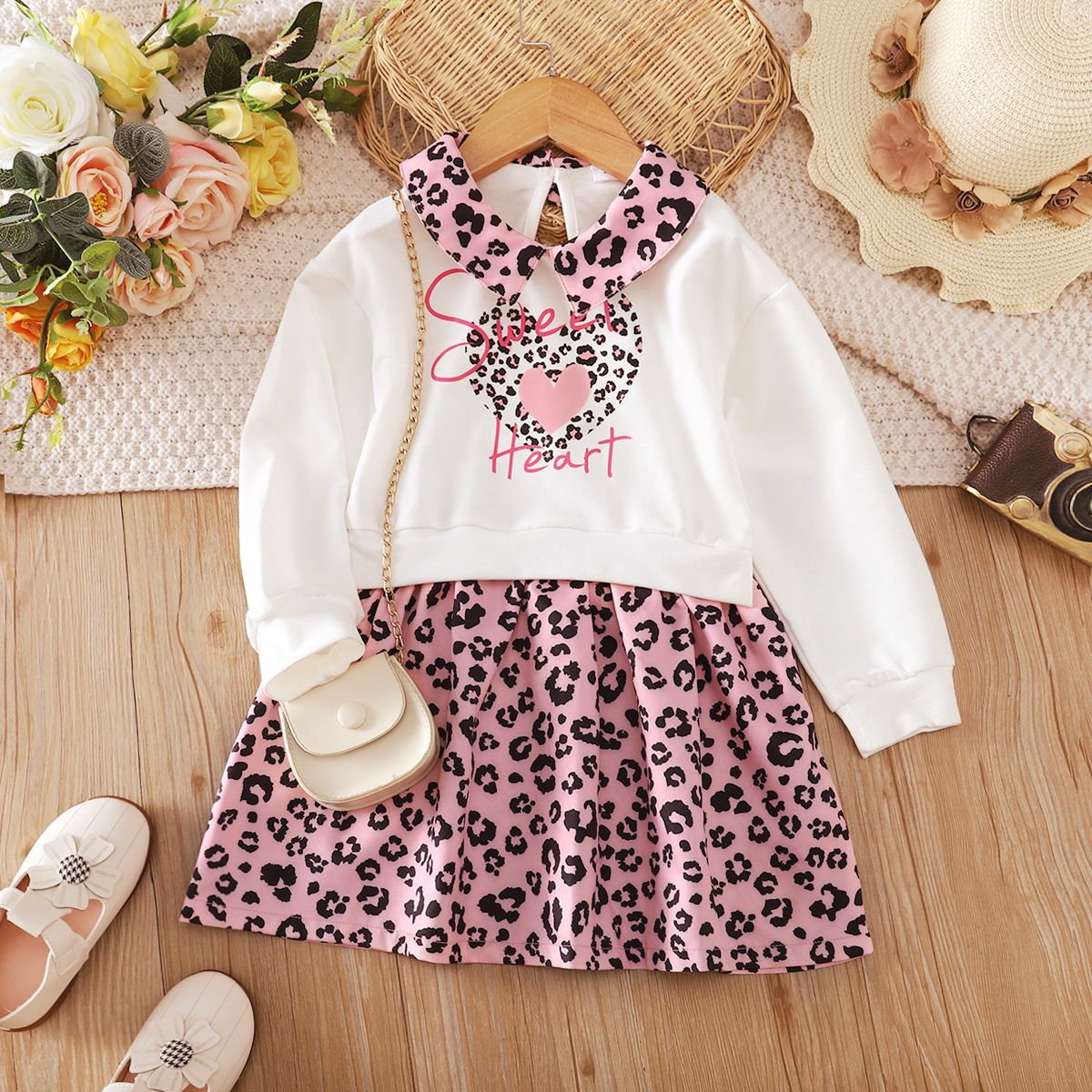 

Toddler Girl Faux-two Leopard Print Splice Doll Collar Long-sleeve Dress