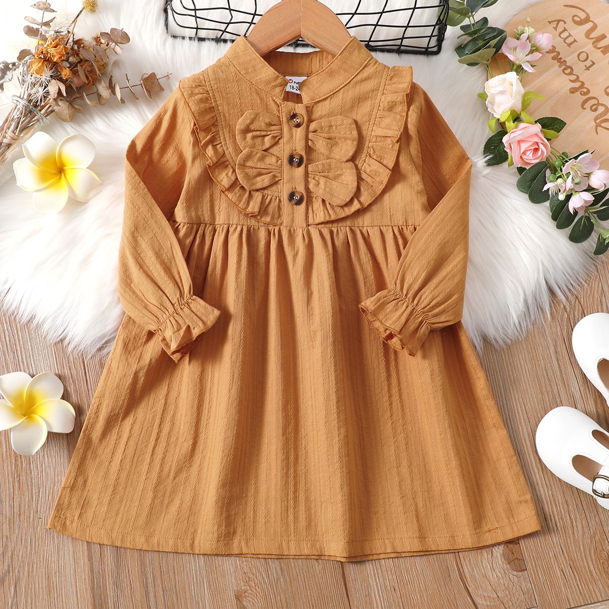 

Toddler Girl 100% Cotton Solid Color Ruffled Long-sleeve Dress
