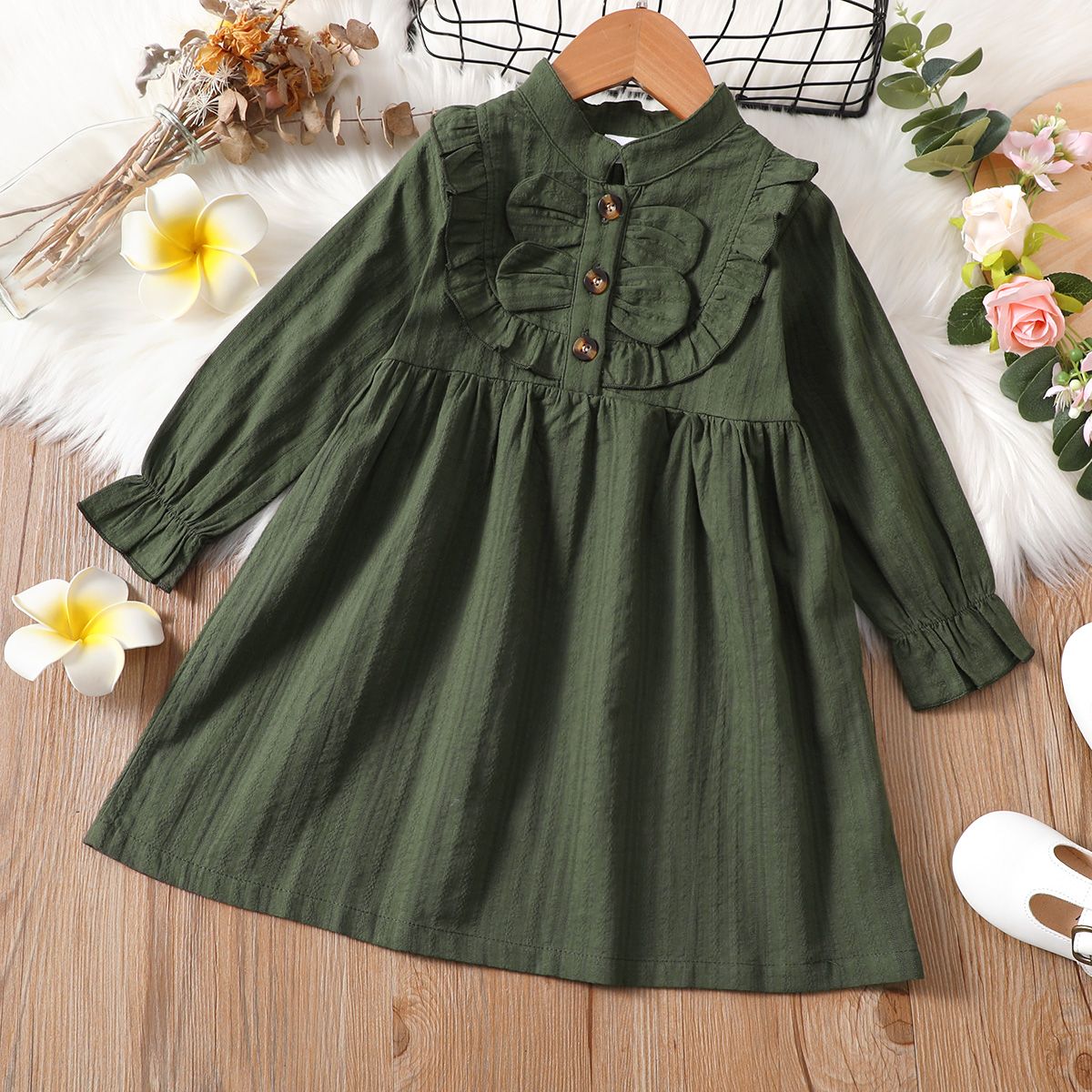 

Toddler Girl 100% Cotton Solid Color Ruffled Long-sleeve Dress