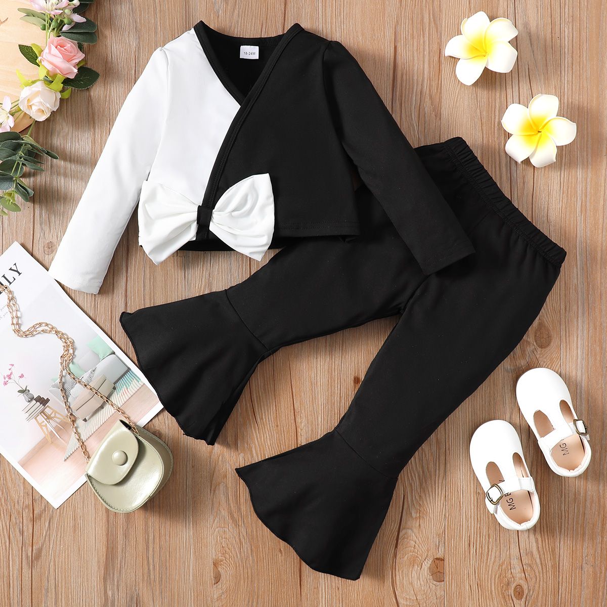 

2pcs Toddler Girl Bowknot Design Splice V Neck Long-sleeve Tee and Black Flared Pants Set