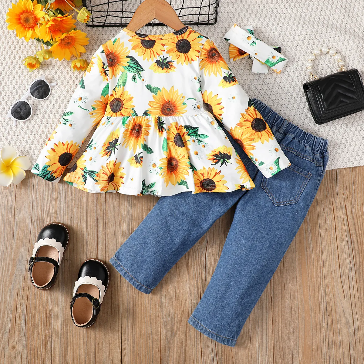 3 unidades Criança Menina Com furos Bonito Girassol conjuntos de camisetas Amarelo image 2