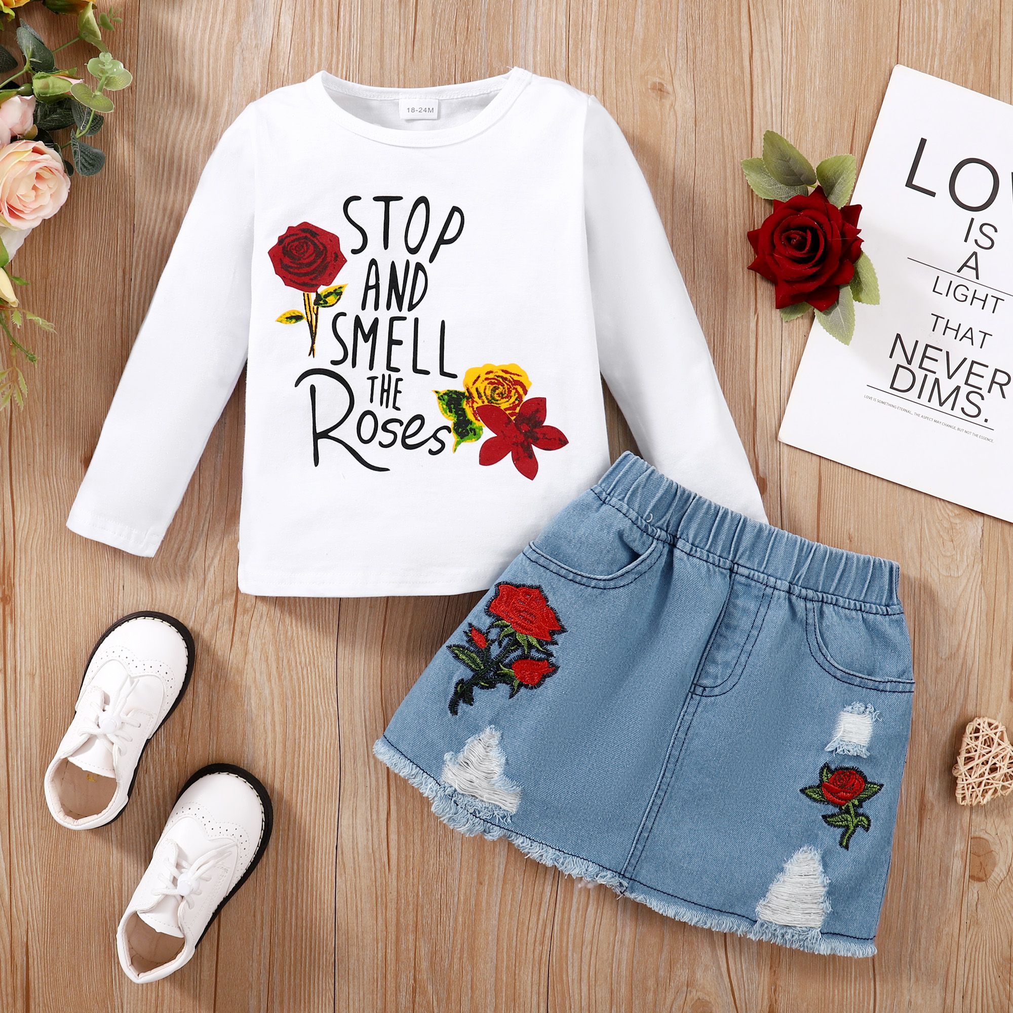 

2pcs Toddler Girl Sweet Floral Embroidered Denim Skirt and Letter Print Tee Set