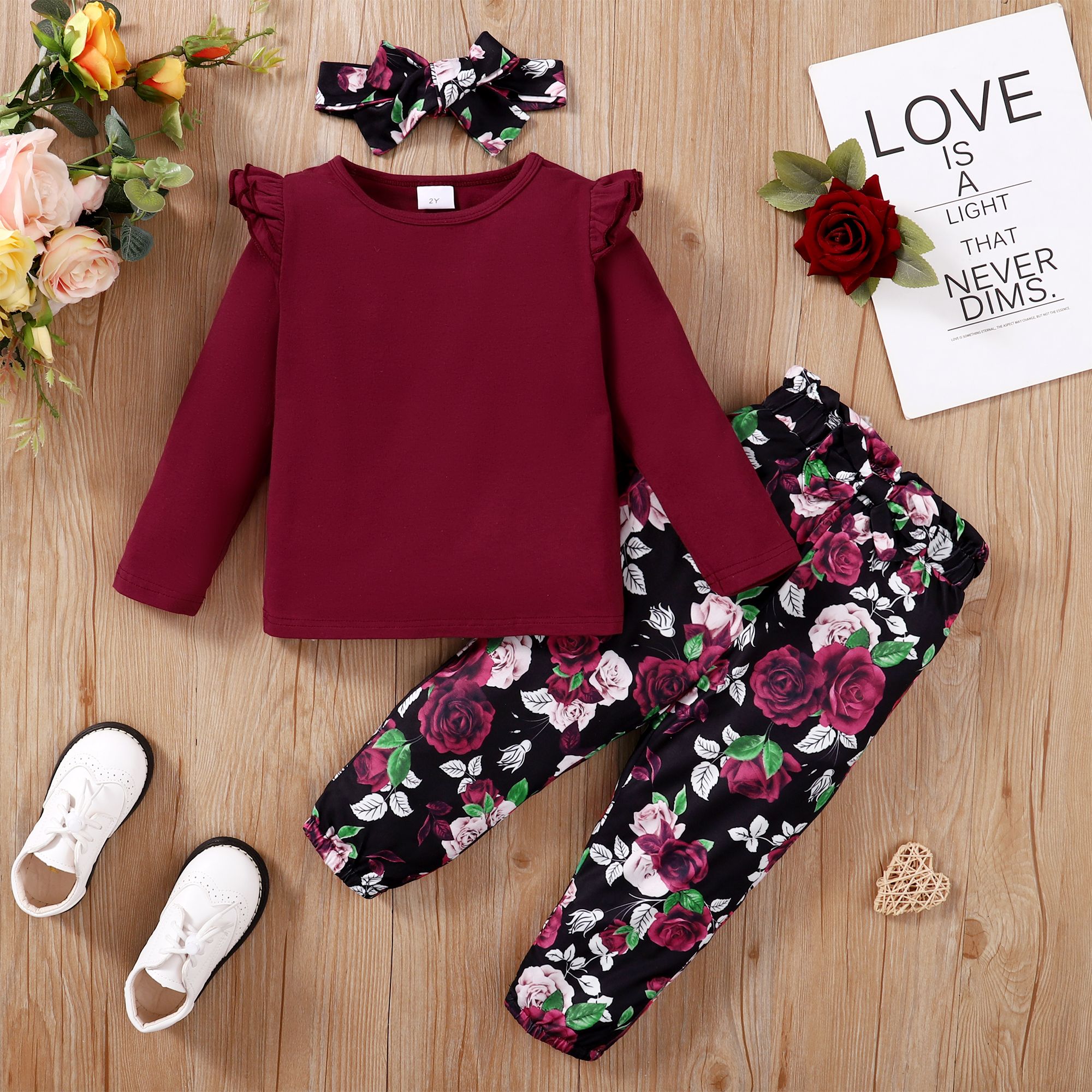 

3pcs Toddler Girl Ruffled Cotton Tee & Floral Print Pants and Headband Set