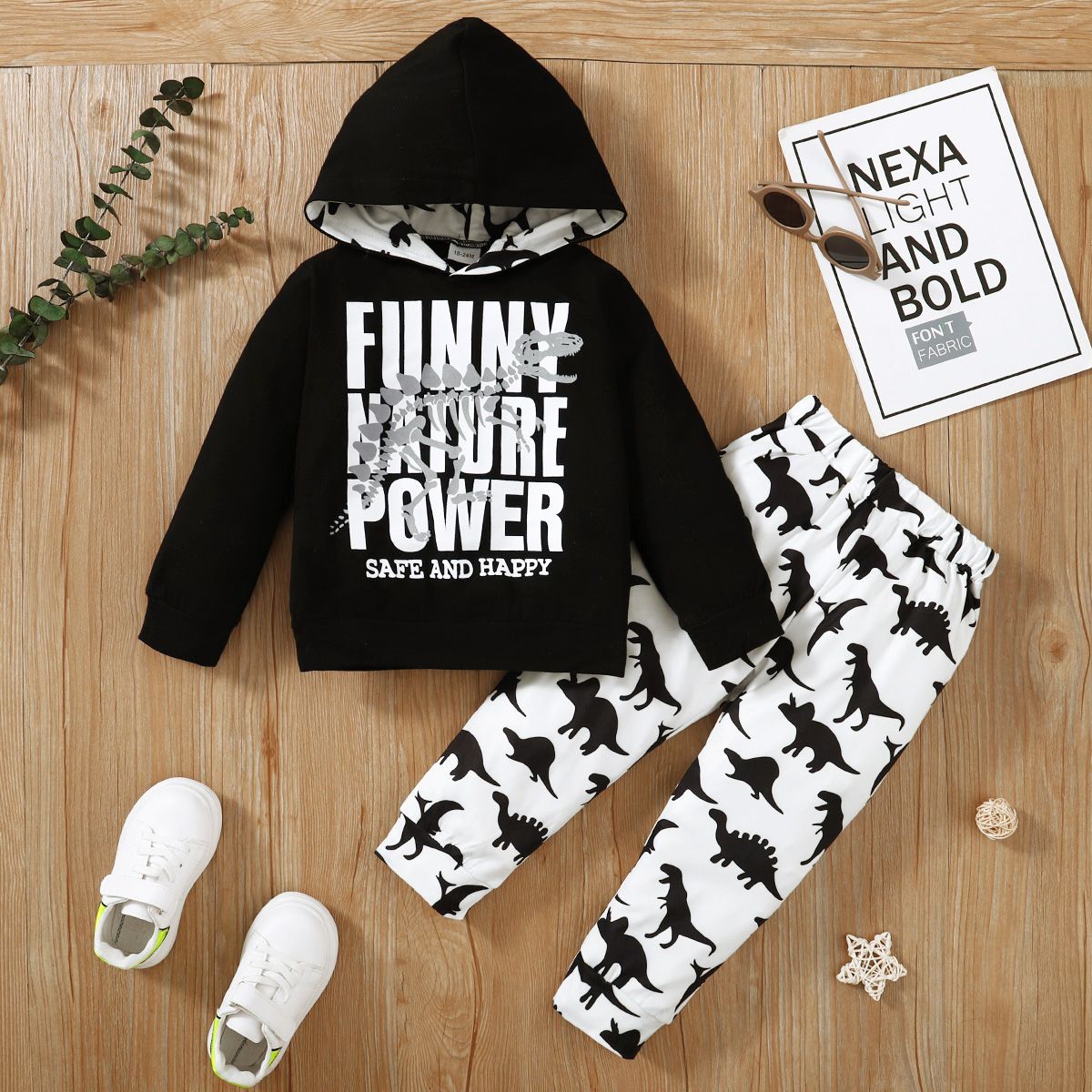 

2pcs Toddler Boy Casual Letter Print Hoodie Sweatshirt and Dinosaur Print Pants Set