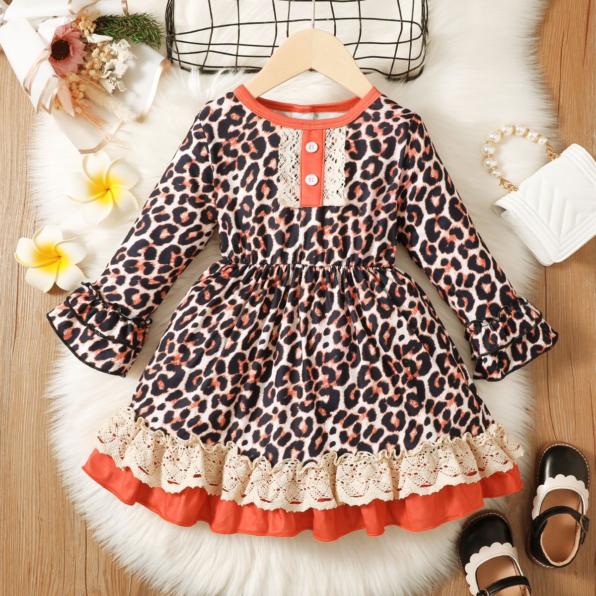 

Toddler Girl Leopard Print Lace Design Long-sleeve Dress