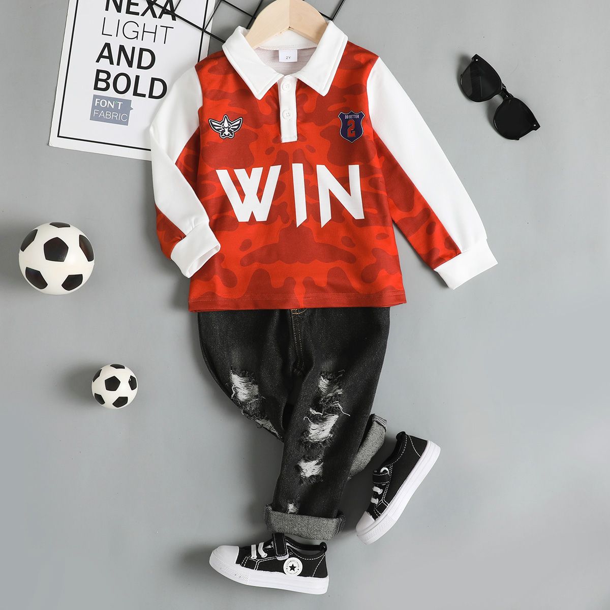 

Soccer Cup 2pcs Toddler Boy Trendy Ripped Denim Jeans and Letter Print Polo Sweatshirt Set