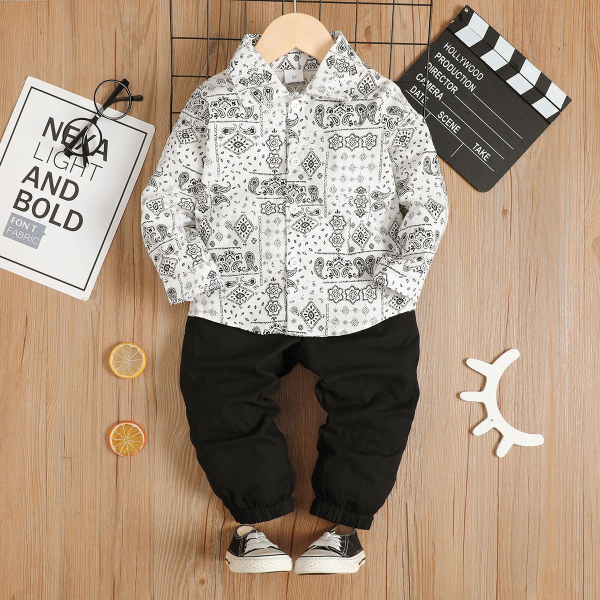 

2pcs Toddler Boy 100% Cotton Boho Allover Print Lapel Collar Shirt and Elasticized Pants Set