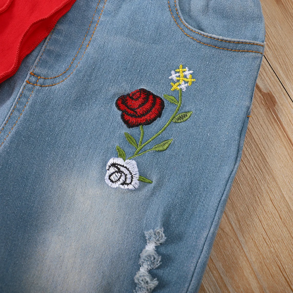 2pcs Toddler Girl Floral Embroidered Cotton Denim Jeans and Bell sleeves Tee Set Red big image 1