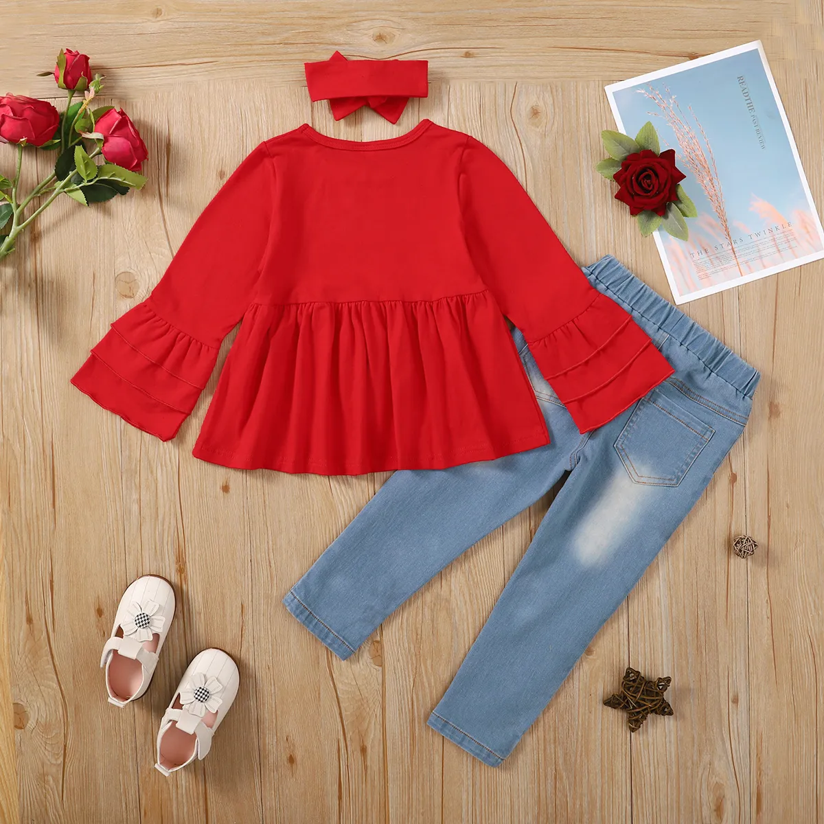 2 Stück Kleinkinder Mädchen Ausgestellter Kragen Süß Rose Sweatshirt-Sets rot big image 1