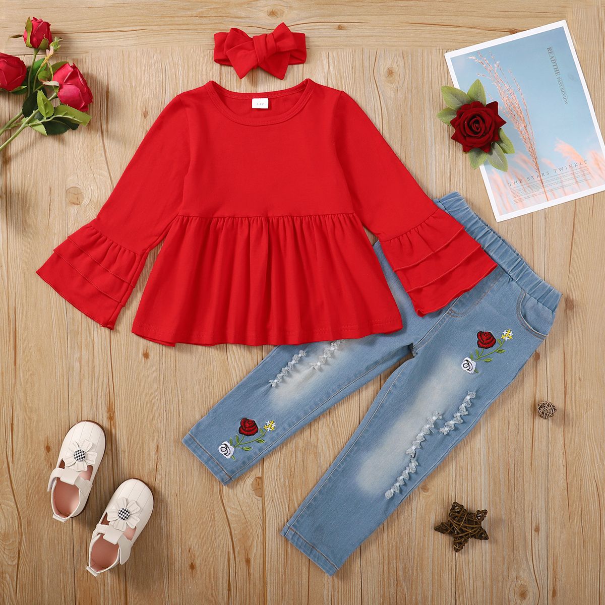 2pcs Toddler Girl Floral Embroidered Cotton Denim Jeans and Bell sleeves Tee Set