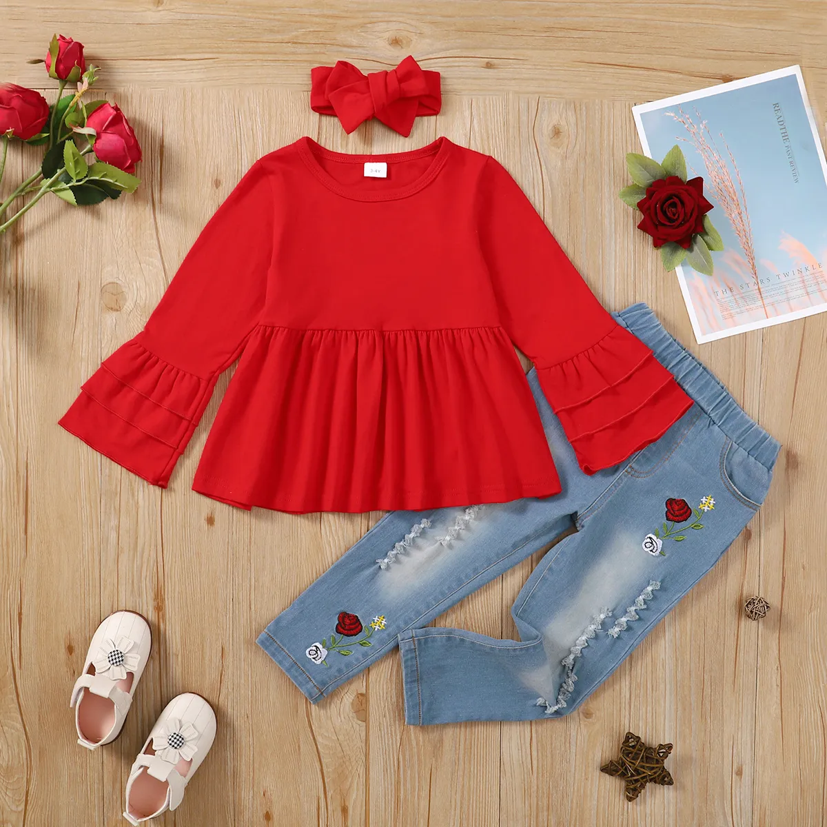2pcs Toddler Girl Floral Embroidered Cotton Denim Jeans and Bell sleeves Tee Set Red big image 1