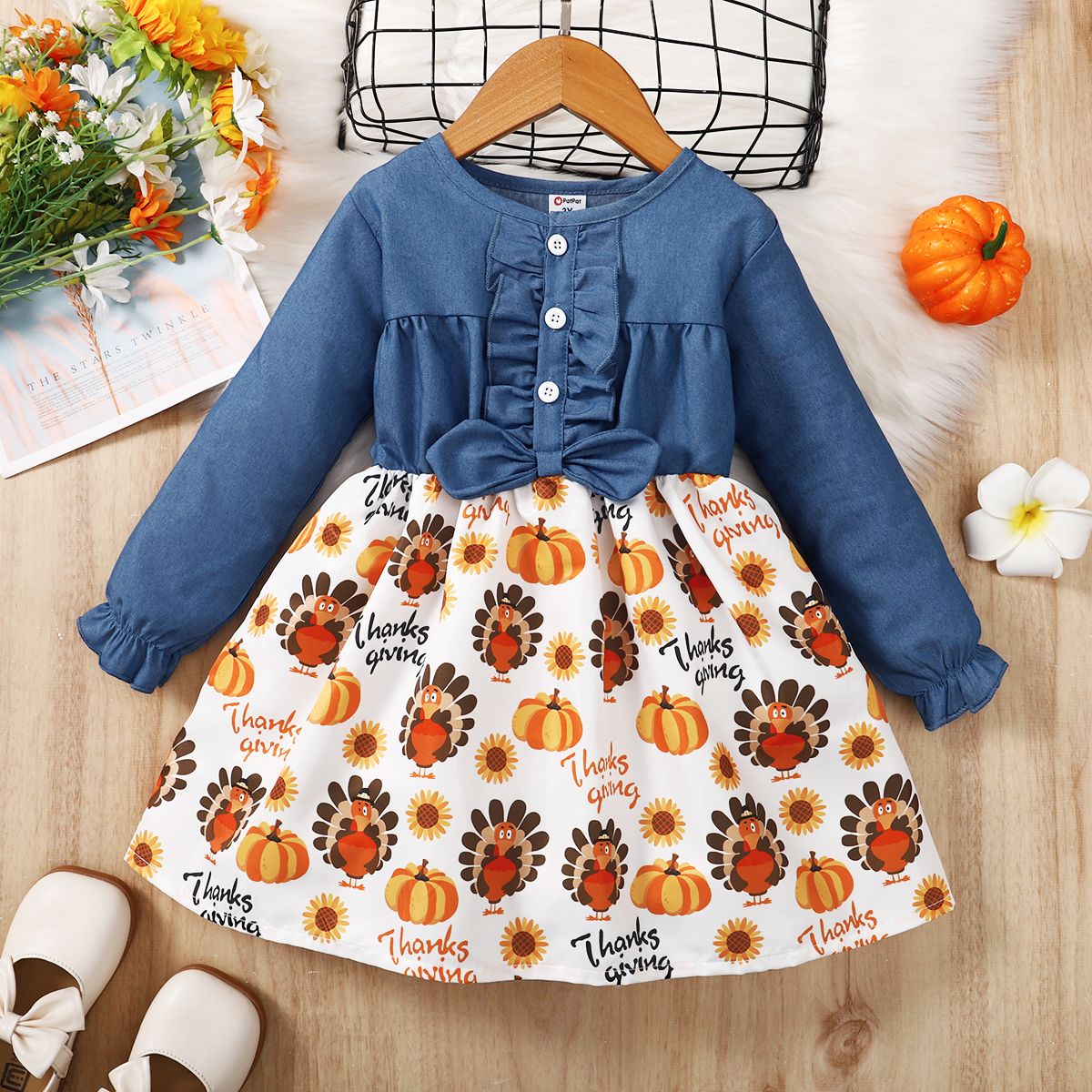 

Toddler Girl Thanksgiving Graphic Print Ruffled Denim Splice Long-sleeve Dress