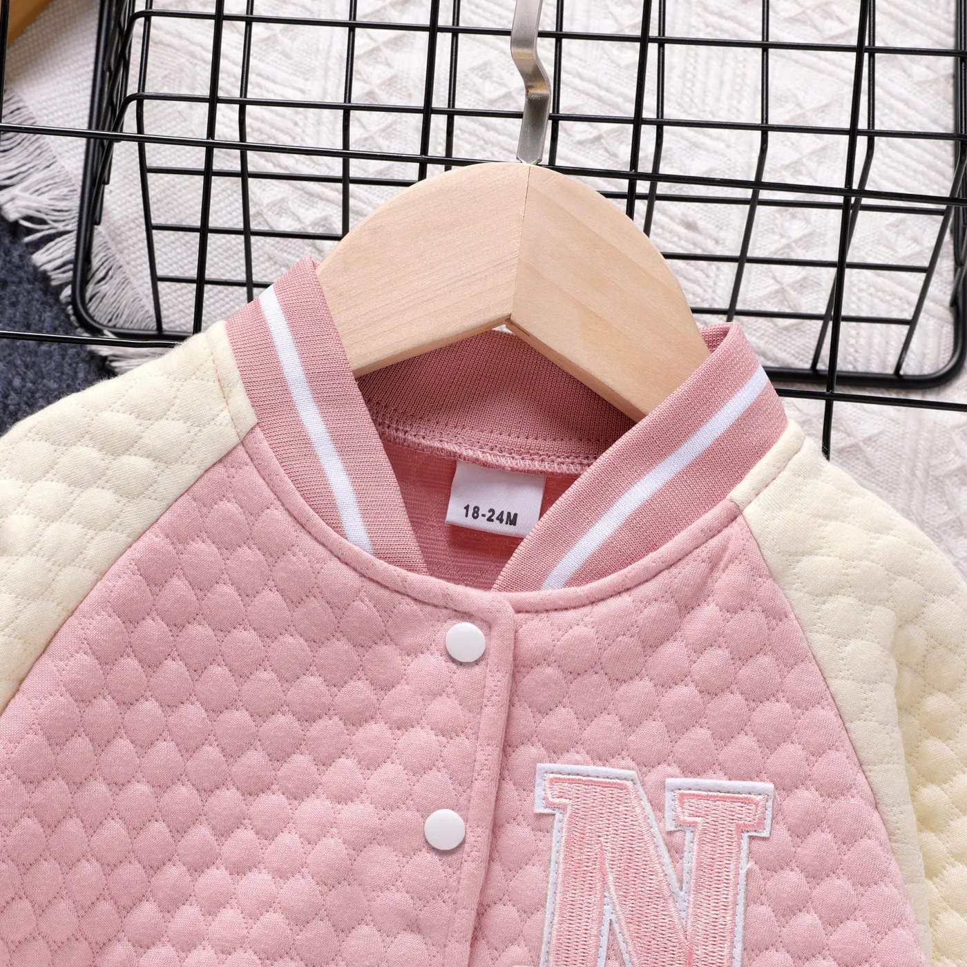 Toddler Girl 100% Cotton Letter Embroidered Textured Striped Button Design Bomber Jacket Pink image 3