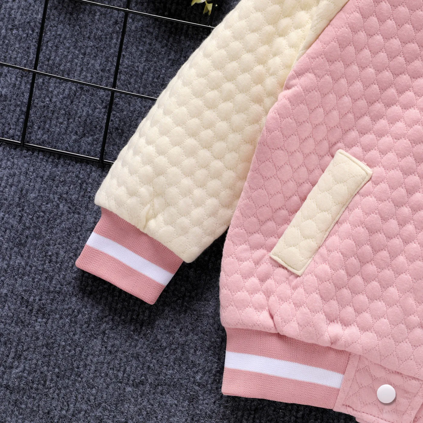 Toddler Girl 100% Cotton Letter Embroidered Textured Striped Button Design Bomber Jacket Pink image 5