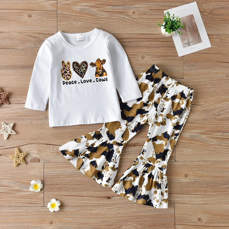 2-piece Toddler Girl Leopard Animal Print Long-sleeve Tee and Flared Pants Set White big image 1