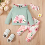 3pcs Baby Girl 95% Cotton Long-sleeve Hoodie and Floral Print Pants with Headband Set Light Green