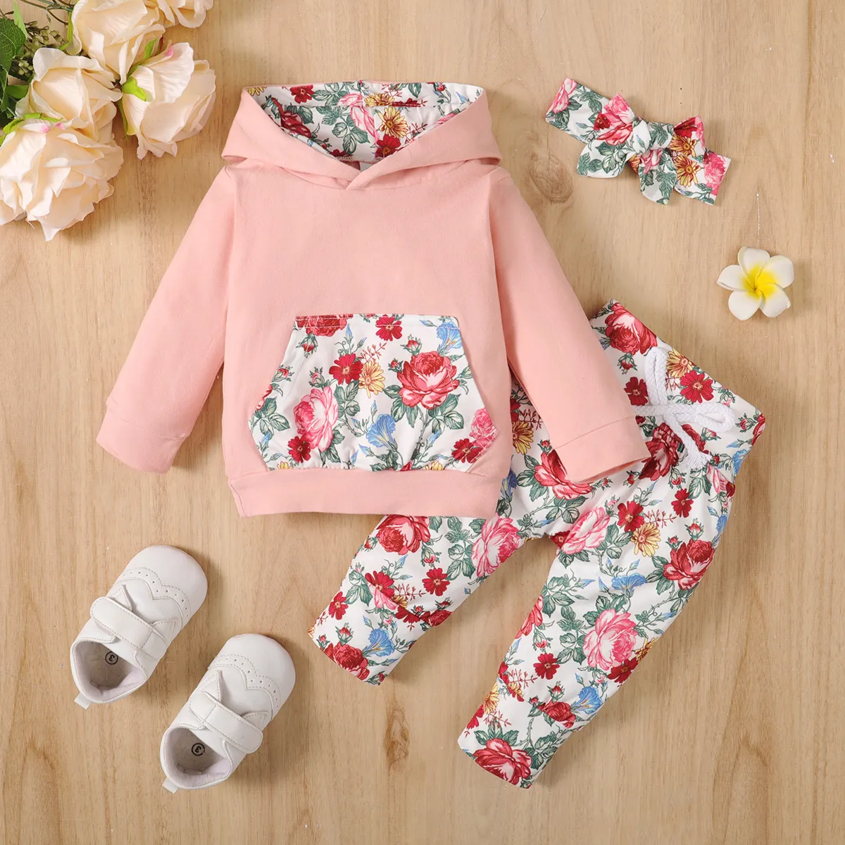 3pcs Baby Girl 95% Cotton Long-sleeve Hoodie and Floral Print Pants with Headband Set Pink