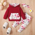 3pcs Baby Girl 95% Cotton Long-sleeve Hoodie and Floral Print Pants with Headband Set Burgundy