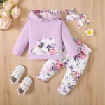 3pcs Baby Girl 95% Cotton Long-sleeve Hoodie and Floral Print Pants with Headband Set Light Purple