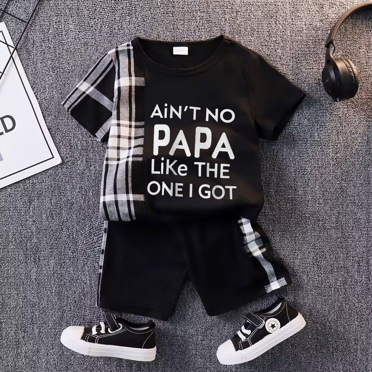 

2pcs Toddler Boy Plaid & Letter Print Short-sleeve Cotton Tee and Shorts Set