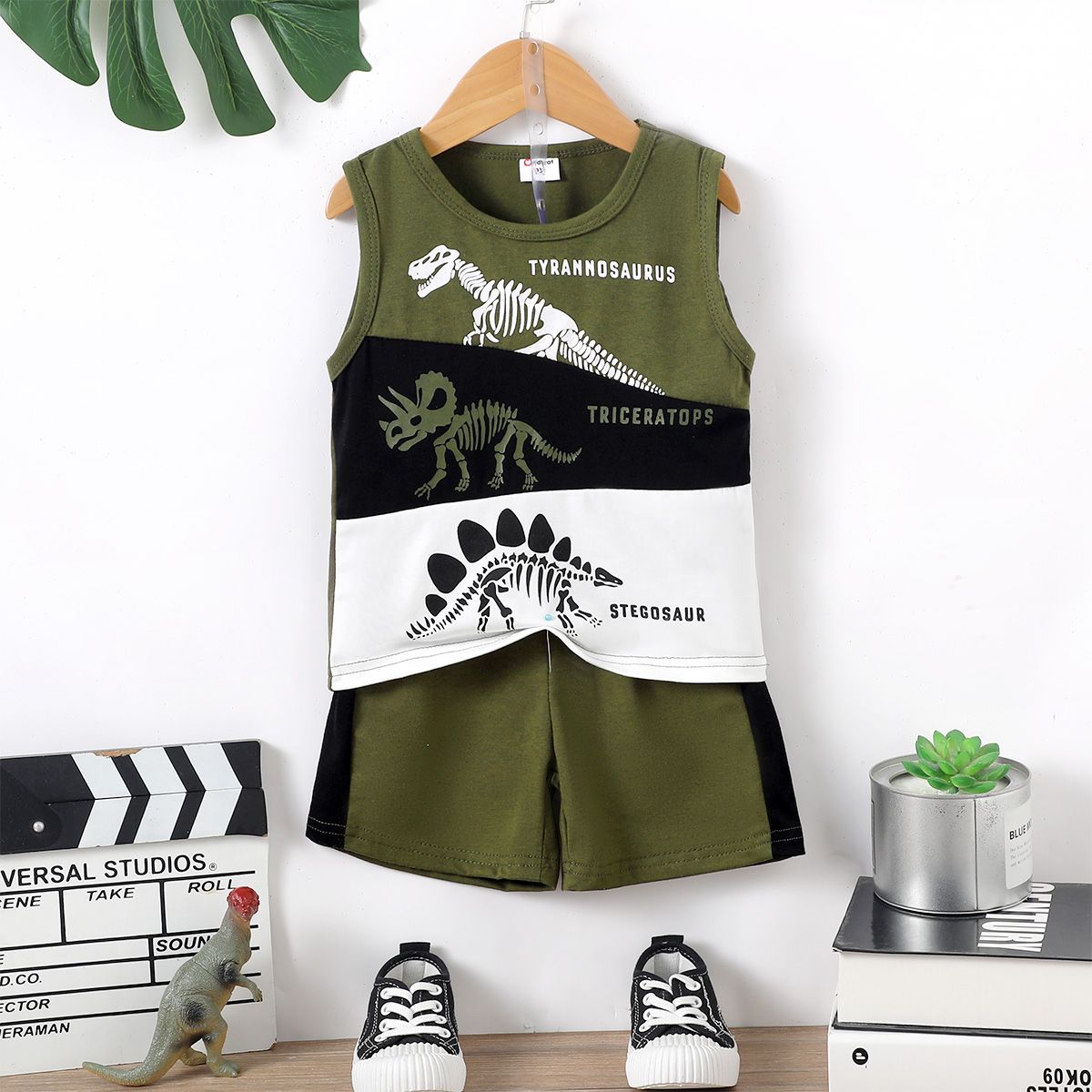 

2pcs Toddler Boy Dinosaur Print Color Block Tank Top and Shorts Set